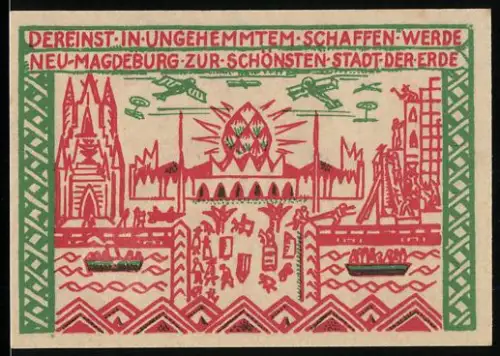 Notgeld Magdeburg 1921, 50 Pfennig, futuristische Stadt und Reiter mit Krone