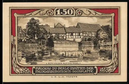 Notgeld Malchow i. M., 1.50 Mark, Alte Häuser auf der Insel und Stadtwappen mit Herz und Türmen