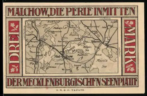 Notgeld Malchow i. M., 3 Mark, Karte der mecklenburgischen Seenplatte und Wappen