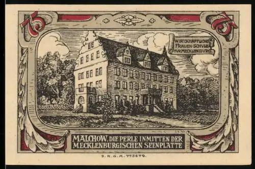 Notgeld Malchow i. M., 75 Pfennig, Wirtschafts- und Frauenschule, Stadtwappen mit Türmen und Herz
