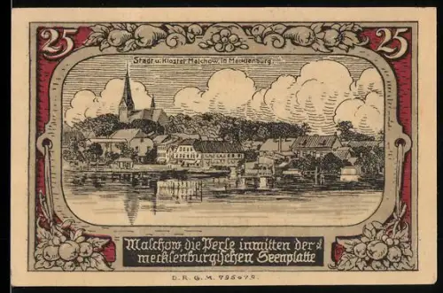 Notgeld Malchow i. M., 25 Pfennig, Ortsansicht mit Kirche und Wappen von Malchow