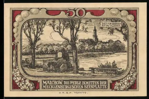 Notgeld Malchow i. M., 50 Pfennig, Klosteransicht und Stadtwappen