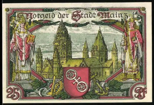 Notgeld Mainz 1921, 25 Pf, Ortsansicht mit Dom und Stadtwappen