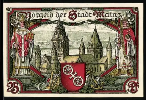 Notgeld Mainz 1921, 25 Pf, Ortsansicht mit Dom und Heiligen, Wappen mit Rädern