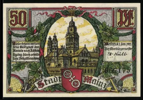 Notgeld Mainz 1921, 50 Pf, Dom und Marktbrunnen mit Wappen und floralen Verzierungen