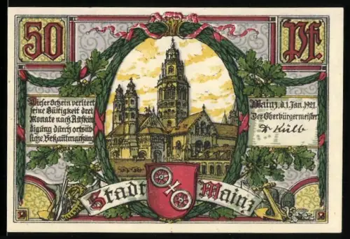Notgeld Mainz 1921, 50 Pf, Dom und Marktplatz, Stadtwappen mit Radmotiven