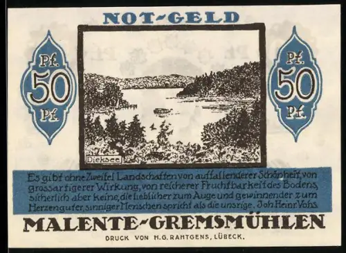 Notgeld Malente-Gremsmühlen 1920, 50 Pf, Dieksee und Porträt mit Blumenkranz