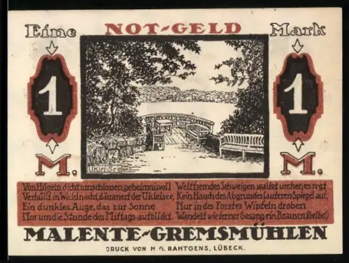 Notgeld Malente-Gremsmühlen 1920, 1 Mark, Brücke und Frau mit Blumenmotiv