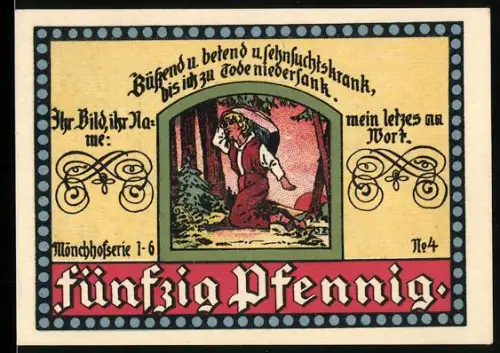 Notgeld Manebach 1921, 50 Pfennig, kniende Frau im Wald und Dorflandschaft mit Hügeln und Wolken