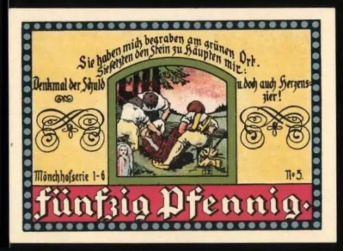 Notgeld Manebach 1921, 50 Pfennig, Dorflandschaft und Grabinschrift