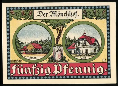 Notgeld Manebach 1921, 50 Pfennig, Ortsansicht und historische Gebäude mit Bäumen