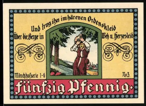 Notgeld Manebach 1921, 50 Pfennig, Landschaft und Frau in Ordenskleid