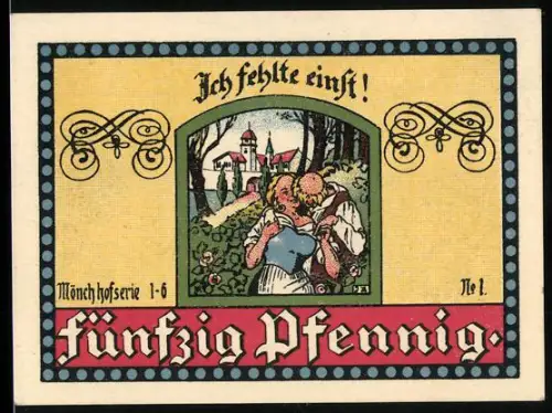 Notgeld Manebach 1921, 50 Pfennig, Landschaftsansicht und Paar beim Küssen