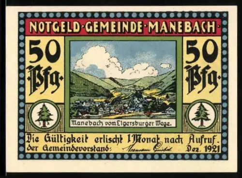 Notgeld Manebach 1921, 50 Pfennig, Dorflandschaft und Königsfigur mit Mönchen
