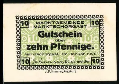 Notgeld Marktschorgast 1921, 10 Pfennig, Rosensymbol als Stadtwappen von 1323