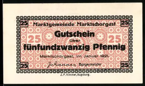 Notgeld Marktschorgast 1921, 25 Pfennig, rote Rose und historische Inschrift