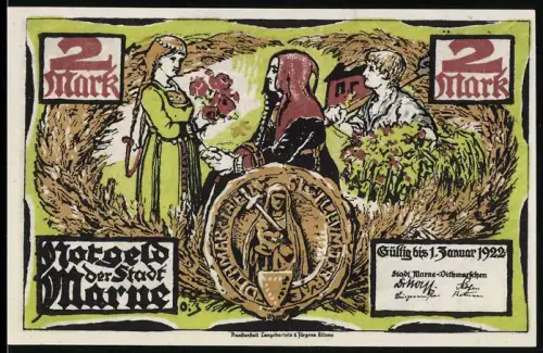 Notgeld Marne 1922, 2 Mark, mittelalterliche Szene und Mann vor Gebäude mit Wappen