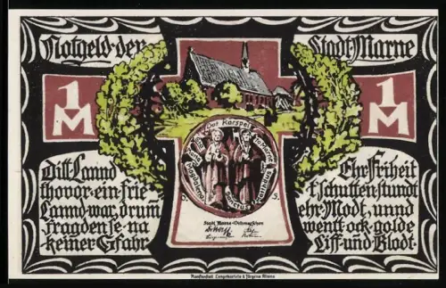 Notgeld Marne 1922, 1 Mark, Kirche und Bauern mit Heugabeln