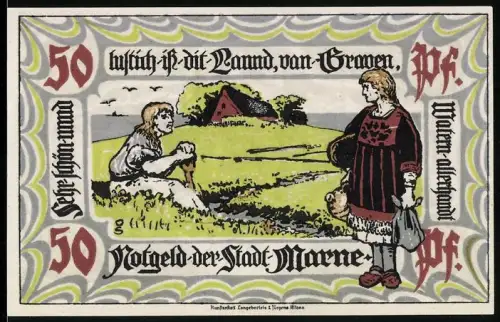 Notgeld Marne 1922, 50 Pfennig, Begegnung von Mann und Frau am Fluss, Wappen mit Rettungsszene im Meer