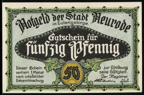 Notgeld Neurode im Eulengebirge 1921, 50 Pfennig, Ortsansicht mit Wappen und Bergbau-Symbolen