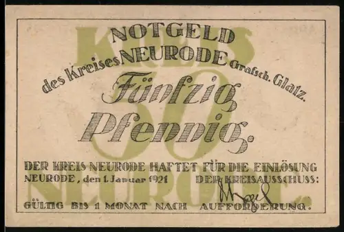Notgeld Neurode /Glatz 1921, 50 Pfennig, Industrielandschaft mit Fabriken und Schornsteinen