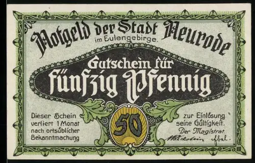 Notgeld Neurode im Eulengebirge 1921, 50 Pfennig, Rathaus von Rosen umrahmt, Bergbau- und Stadtwappen
