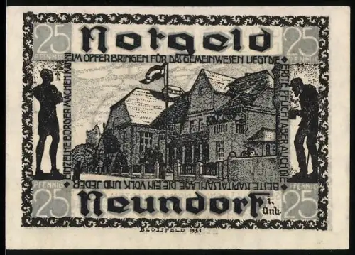 Notgeld Neundorf i. Anhalt 1921, 25 Pfennig, Gebäude und Figuren im Jugendstil