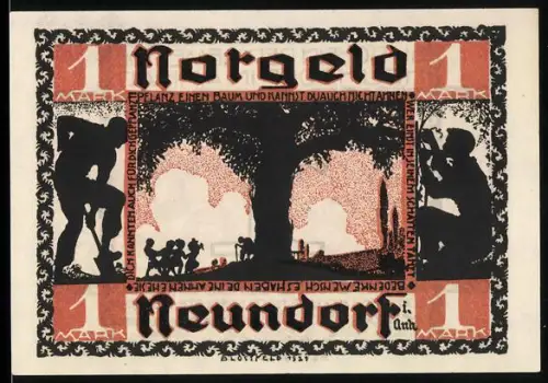 Notgeld Neundorf i. Anhalt 1921, 1 Mark, Silhouetten von Menschen unter einem Baum