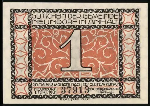 Notgeld Neundorf i. Anhalt 1921, 1 Mark, Silhouetten von Menschen bei einem Baum