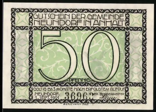 Notgeld Neundorf i. Anhalt 1921, 50 Pfennig, Windmühle und Arbeiterfiguren, dekoratives Muster