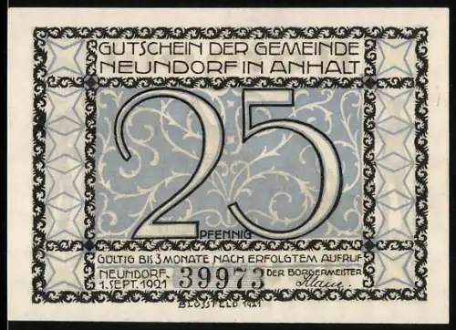 Notgeld Neundorf i. Anhalt 1921, 25 Pfennig, Gebäudeansicht mit Figuren und dekorativem Muster