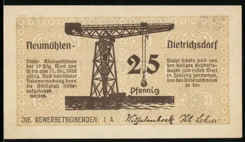 Notgeld Neumühlen-Dietrichsdorf 1922, 25 Pfennig, Kran und Frösche Motiv