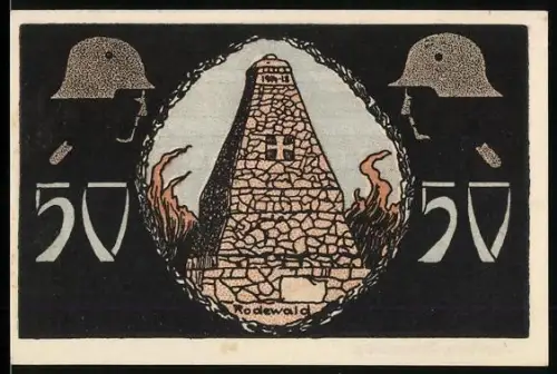 Notgeld Neustadt a. R. 1921, 50 Pfennig, Kriegerdenkmal mit Helmen und Inschrift Pro Patria Mori