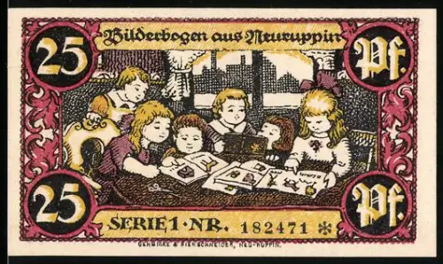Notgeld Neuruppin 1921, 25 Pfennig, Kinder beim Basteln, Ritterfiguren und Wappen