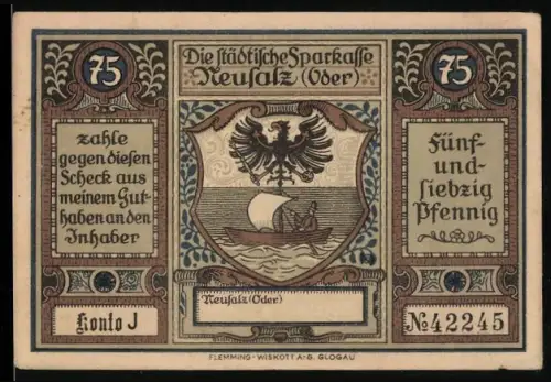 Notgeld Neusalz /Oder, 75 Pfennig, Wappen und Stadterhebung durch Friedrich den Grossen 1743