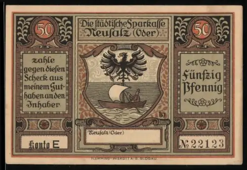 Notgeld Neusalz /Oder, 50 Pfennig, Wappen mit Adler und historische Szene der Stadterhebung 1743