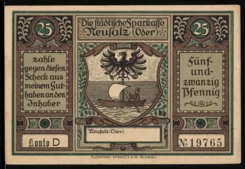 Notgeld Neusalz /Oder, 25 Pfennig, Stadterhebung durch Friedrich den Grossen 1743, Wappen mit Adler und Segelschiff