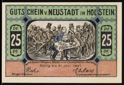 Notgeld Neustadt in Holstein 1921, 25 Pf., Gesellschaftsszene und Leuchtturm Pelzerhaken