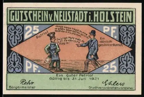 Notgeld Neustadt i. Holstein 1921, 25 Pf, Patriot mit dänischem Polizisten, Kirche und Landschaft