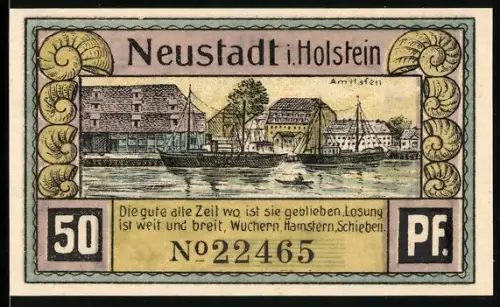 Notgeld Neustadt i. Holstein 1921, 50 Pfennig, Hafenansicht und Kutschfahrt zum Stadtjubiläum