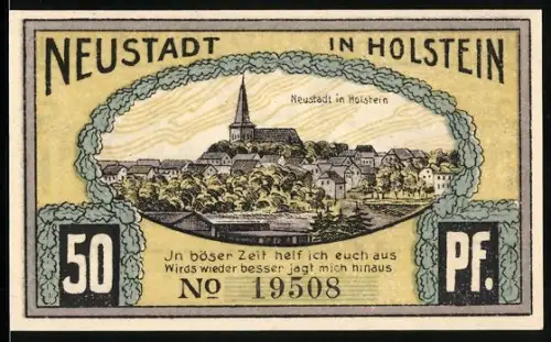 Notgeld Neustadt in Holstein 1921, 50 Pfennig, Ortsansicht und Wappen mit Figuren und Landschaft