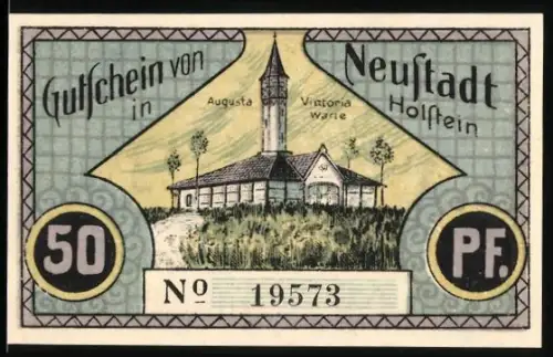 Notgeld Neustadt /Holstein 1921, 50 Pf, Kirche und Versammlung von Menschen