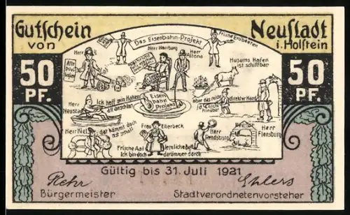 Notgeld Neustadt i. Holstein 1921, 50 Pfennig, humorvolle Darstellungen und Rathaus am Markt