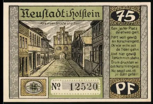 Notgeld Neustadt i. Holstein 1921, 75 Pf, Kremper Strasse und Brand 1817