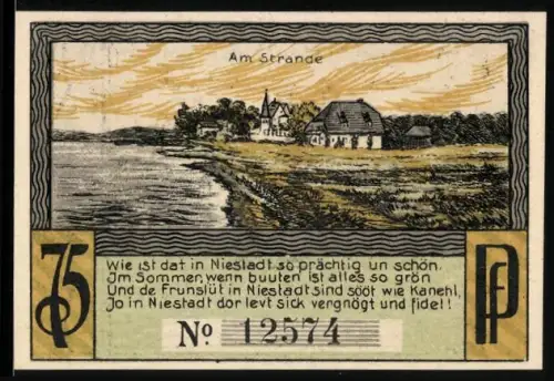 Notgeld Neustadt in Holstein 1921, 75 Pfennig, Strandansicht und Karikatur eines kranken Patienten