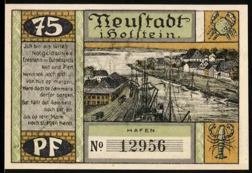 Notgeld Neustadt i. Holstein 1921, 75 Pf, Hafenansicht und politisches Laboratorium