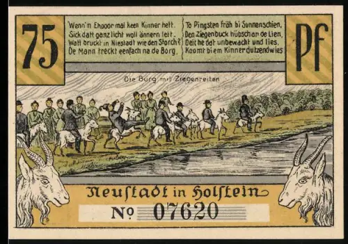 Notgeld Neustadt in Holstein 1921, 75 Pf, Ziegenreiter und Hafenansicht