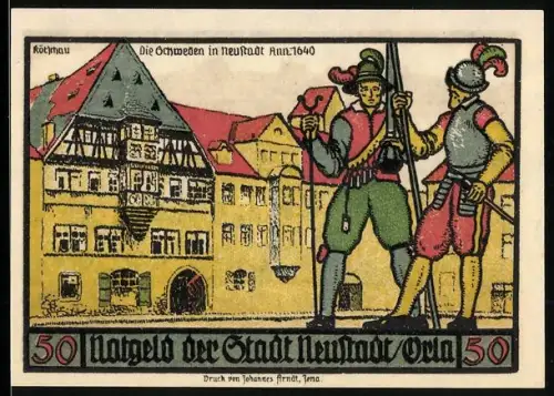 Notgeld Neustadt /Orla 1921, 50 Pfennig, Schweden und Ortsansicht mit Zunftwappen