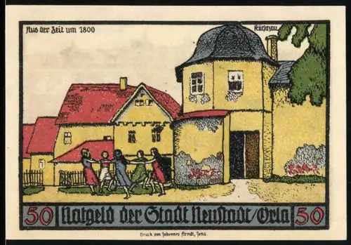 Notgeld Neustadt /Orla 1921, 50 Pfennig, Kinderreigen und Ortsansicht mit Handwerkszeichen und Wappen