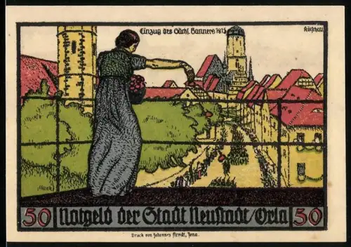 Notgeld Neustadt /Orla 1921, 50 Pf., Frau mit Blumen und Ortsansicht, Tucher und Gerber Symbole, Stadtwappen